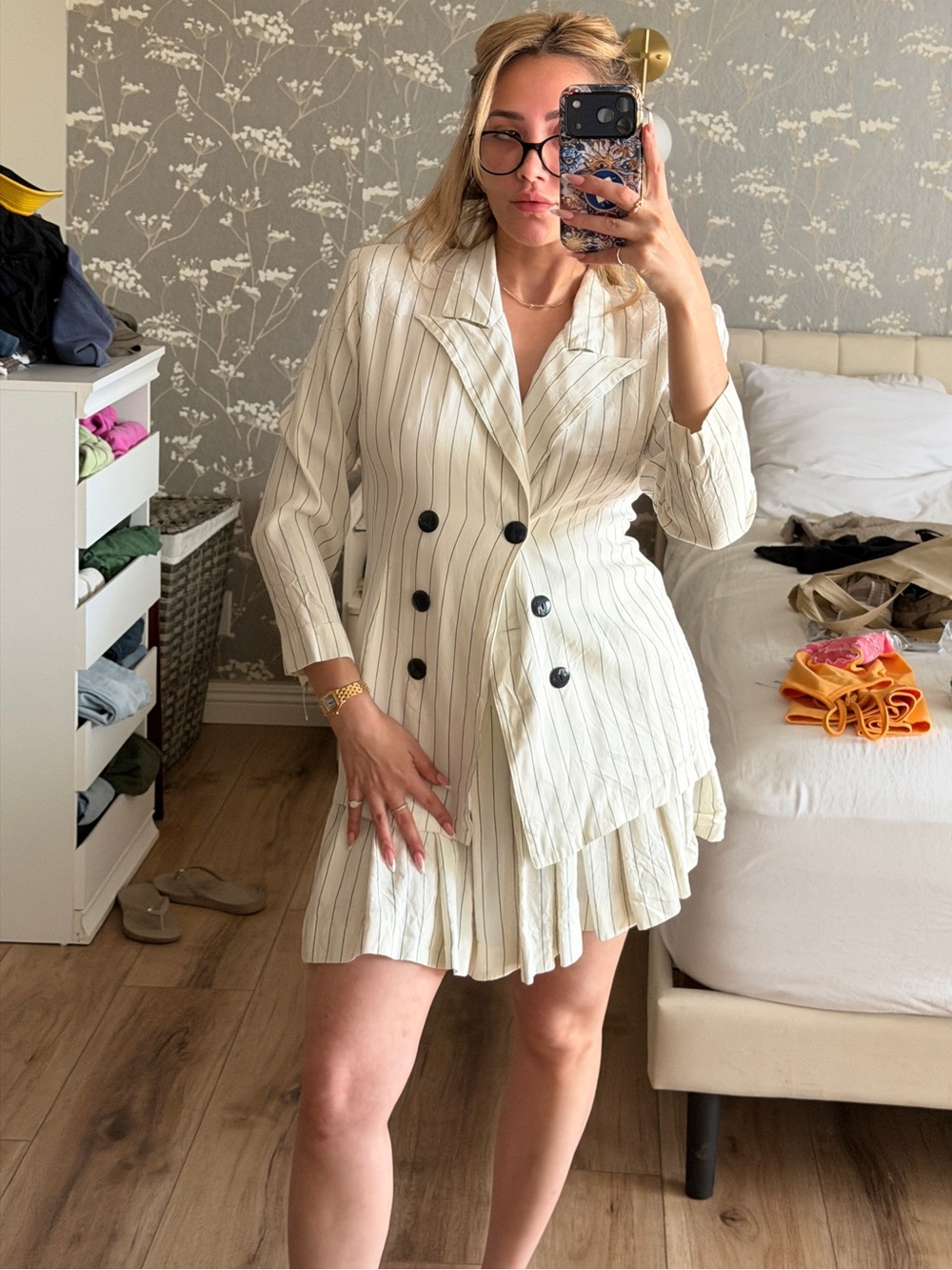 Francine Browner Striped Cream Double-Breasted Blazer + Skirt
